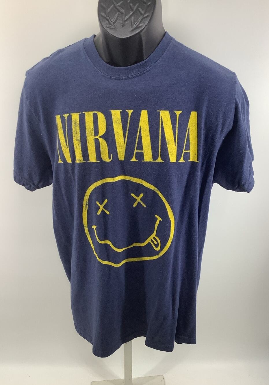 Nirvana Graphic T Shirt Smiley Face Yellow Navy Blue XL Kurt Cobain 21x29